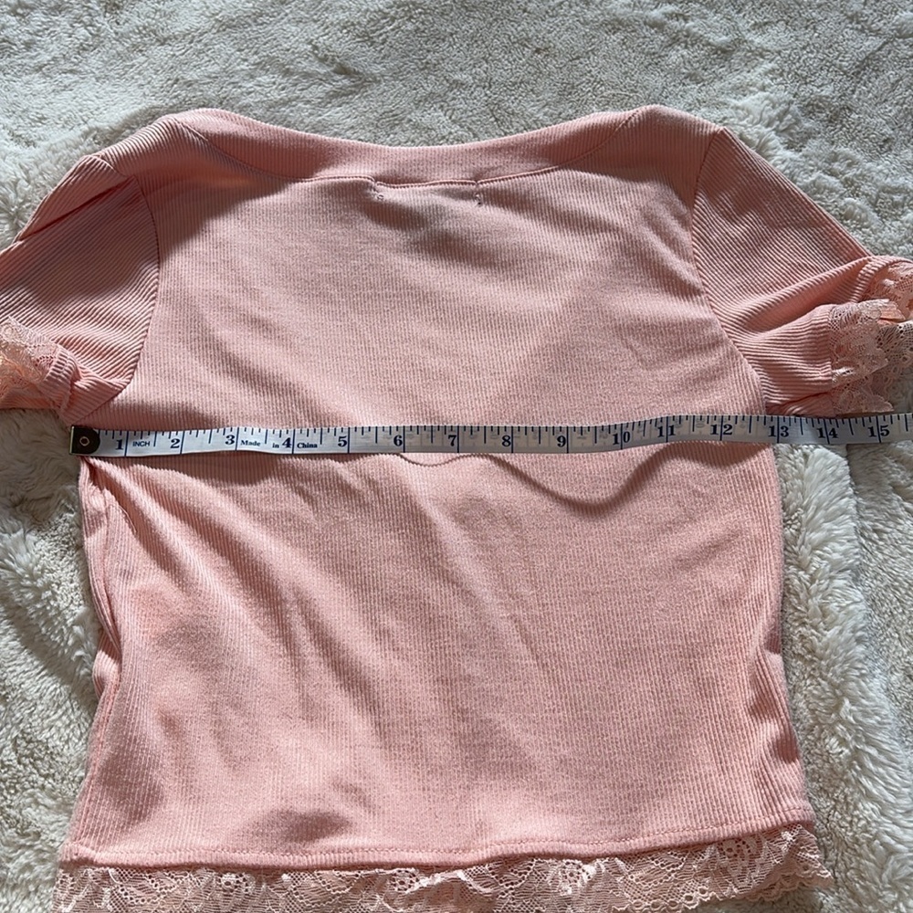 Forever 21 Pink Lace Trim Baby Tee | Y2K Button Front Crop Top XS - Picture 6 of 6